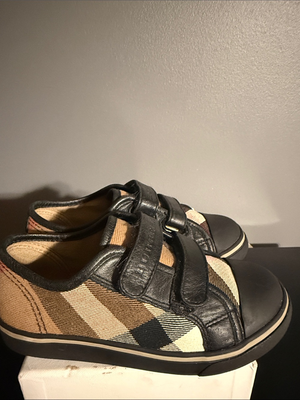 Burberry Black & Tan Plaid Kids Velcro Sneakers